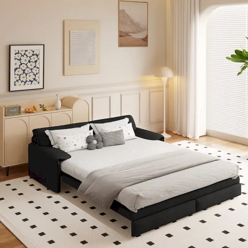 3-in-1 Convertible Sleeper Sofa with Side Storage, 66 Queen Pull Out Sofa Bed, Velvet Loveseat Bed