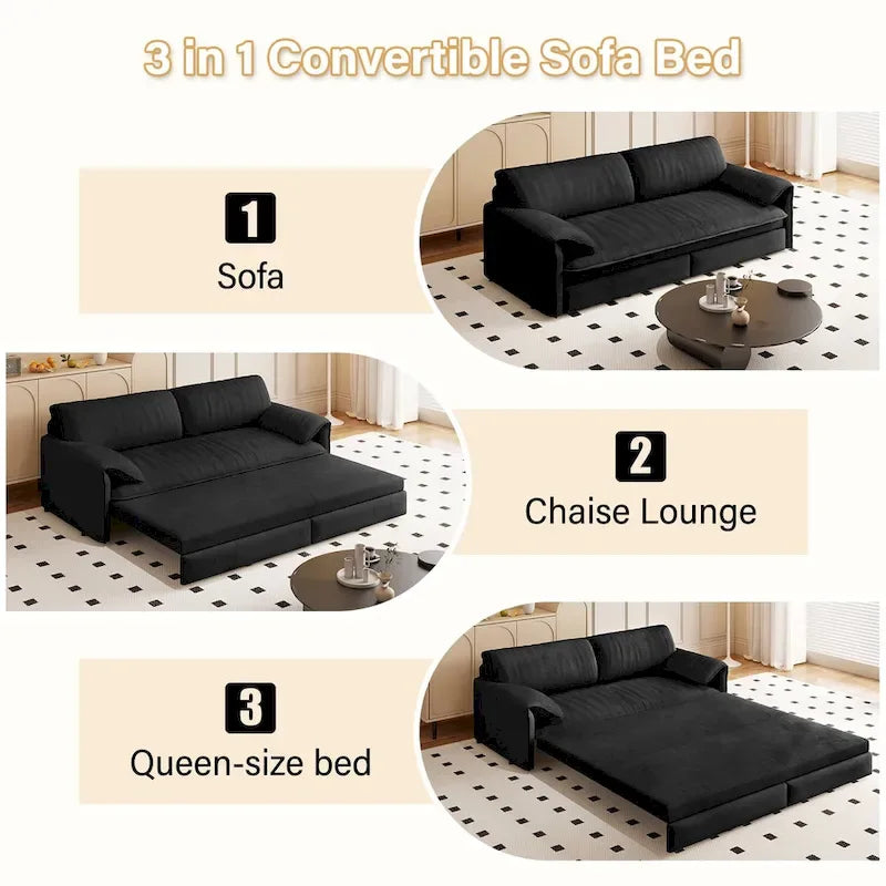3-in-1 Convertible Sleeper Sofa with Side Storage, 66 Queen Pull Out Sofa Bed, Velvet Loveseat Bed