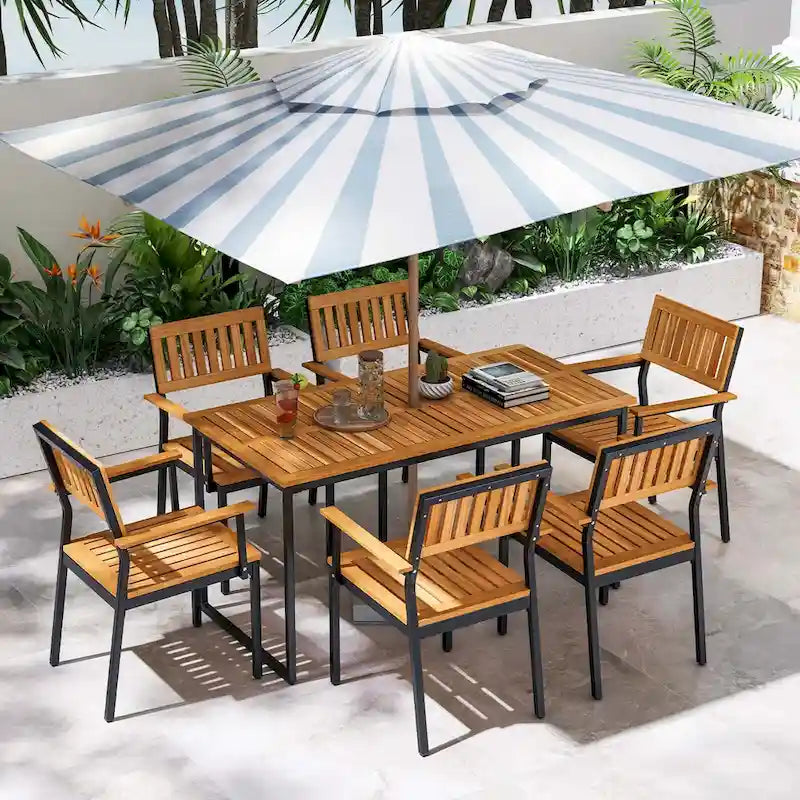 7 PCS Outdoor Dining Set for 6 with Metal Frame Umbrella Hole - 7 PCS