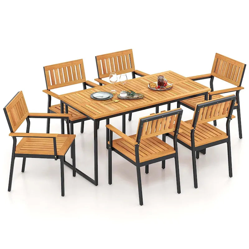 7 PCS Outdoor Dining Set for 6 with Metal Frame Umbrella Hole - 7 PCS