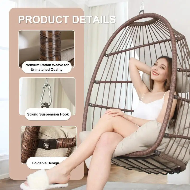 Indoor Luxury Hanging Egg Chair Without Stand, 350 lbs Outdoor Egg Chair with No Stand, Egg Swing Chair Without Stand