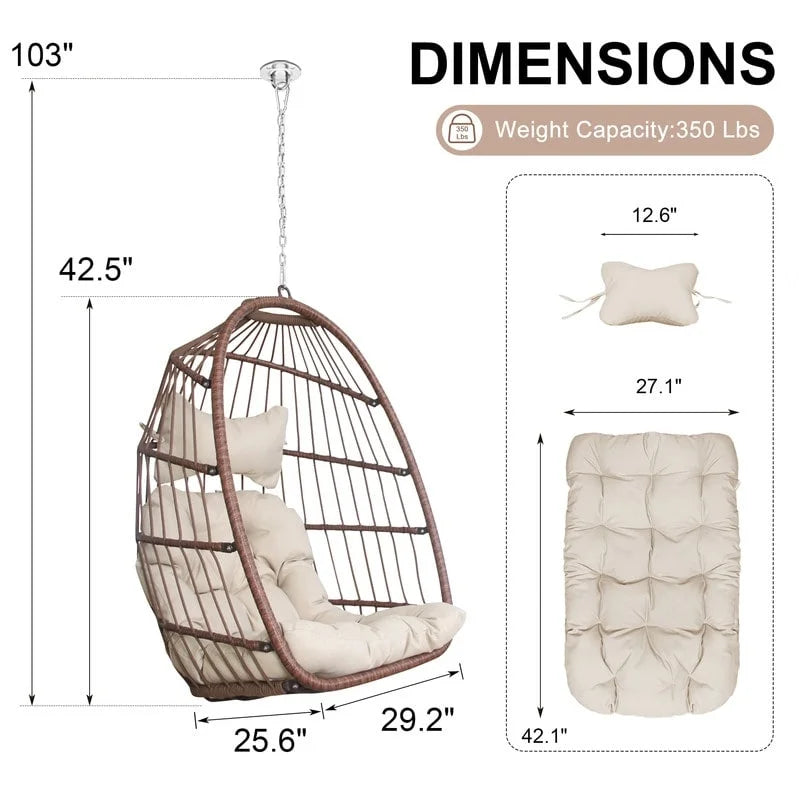Indoor Luxury Hanging Egg Chair Without Stand, 350 lbs Outdoor Egg Chair with No Stand, Egg Swing Chair Without Stand