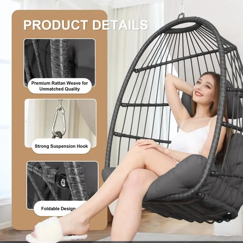 Indoor Luxury Hanging Egg Chair Without Stand, 350 lbs Outdoor Egg Chair with No Stand, Egg Swing Chair Without Stand