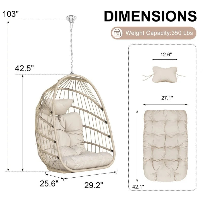 Indoor Luxury Hanging Egg Chair Without Stand, 350 lbs Outdoor Egg Chair with No Stand, Egg Swing Chair Without Stand