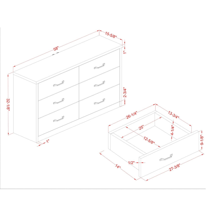 Country-style 56-inch wide six-drawer walnut dressing table with USB port