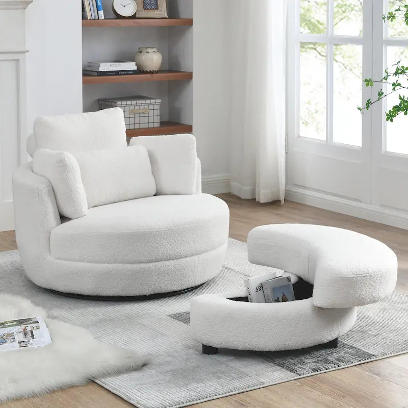 Oversized Swivel Cuddle Barrel Chair with moon storage ottoman