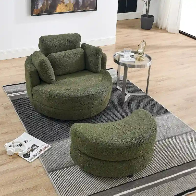 Oversized Swivel Cuddle Barrel Chair with moon storage ottoman