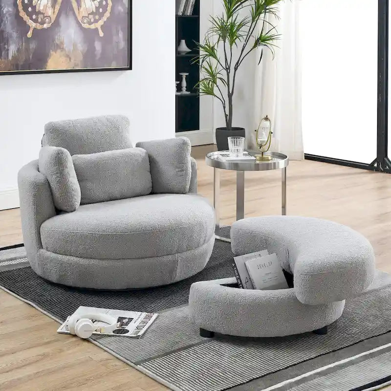 Oversized Swivel Cuddle Barrel Chair with moon storage ottoman