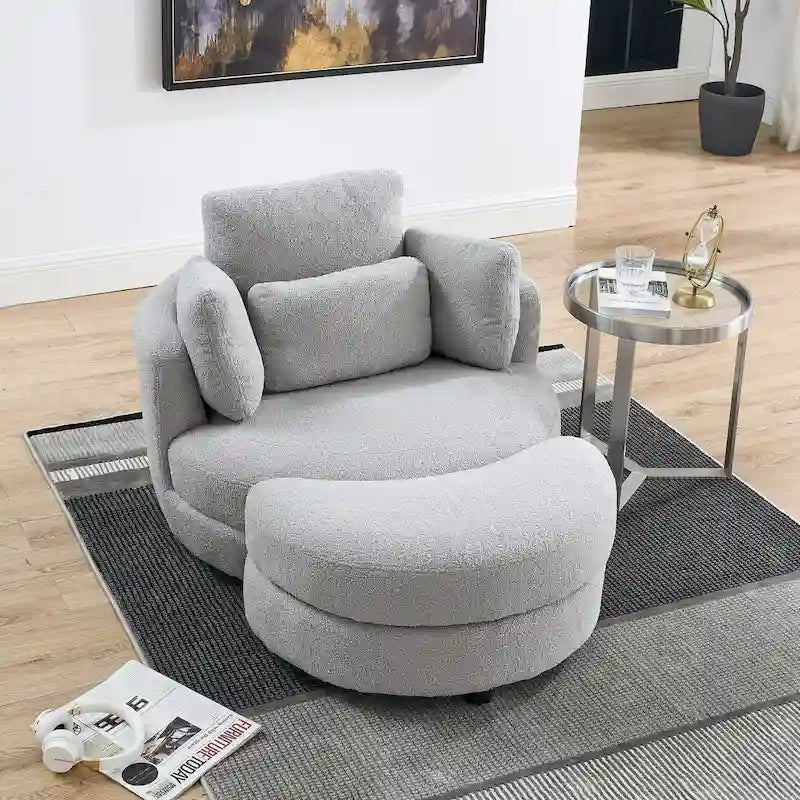 Oversized Swivel Cuddle Barrel Chair with moon storage ottoman
