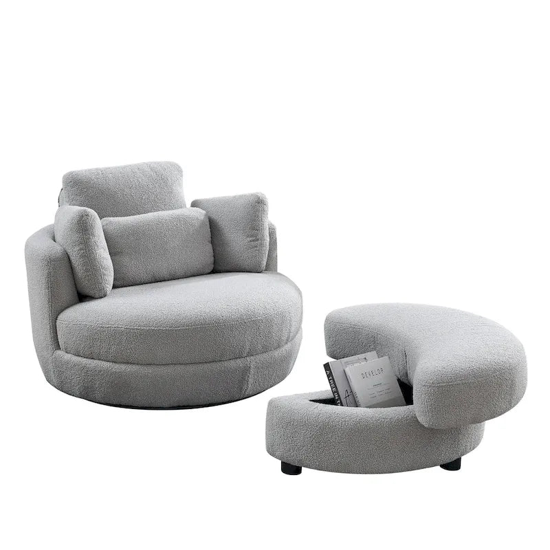Oversized Swivel Cuddle Barrel Chair with moon storage ottoman