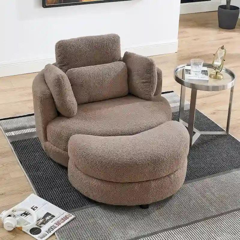 Oversized Swivel Cuddle Barrel Chair with moon storage ottoman