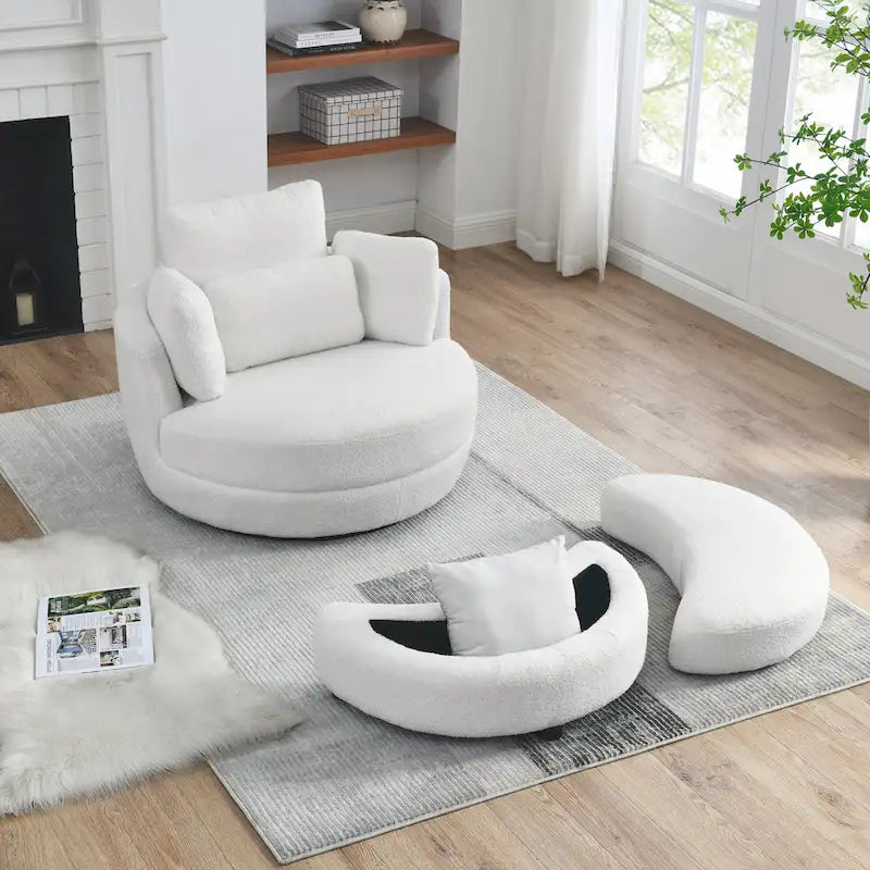 Oversized Swivel Cuddle Barrel Chair with moon storage ottoman