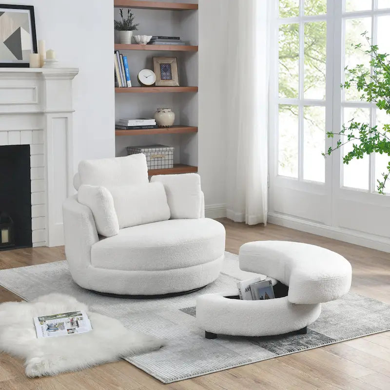 Oversized Swivel Cuddle Barrel Chair with moon storage ottoman