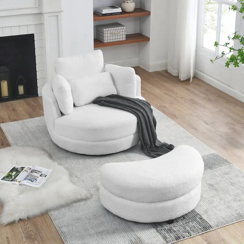 Oversized Swivel Cuddle Barrel Chair with moon storage ottoman