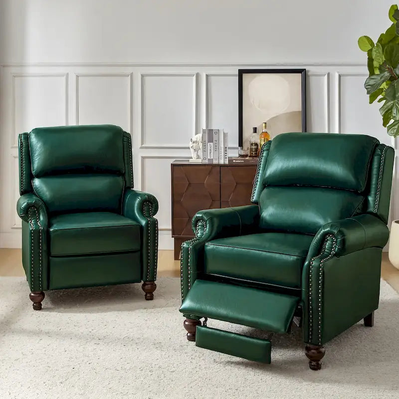 Gabriela Mid-Century Modern Genuine Leather Recliner Nail Head Trim Set of 2 by HULALA HOME