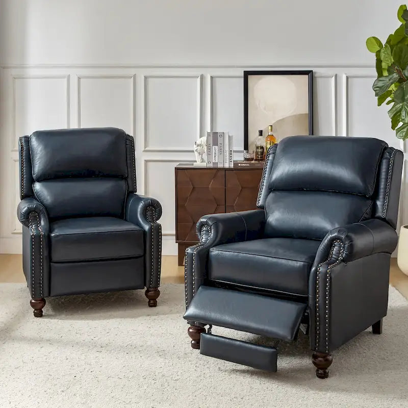 Gabriela Mid-Century Modern Genuine Leather Recliner Nail Head Trim Set of 2 by HULALA HOME
