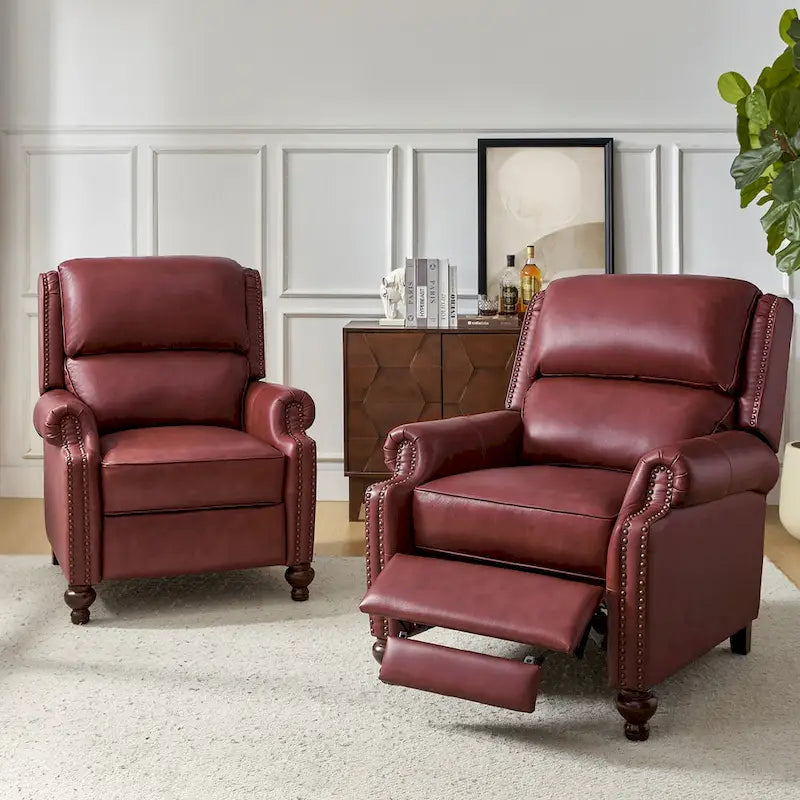 Gabriela Mid-Century Modern Genuine Leather Recliner Nail Head Trim Set of 2 by HULALA HOME