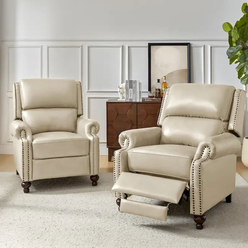 Gabriela Mid-Century Modern Genuine Leather Recliner Nail Head Trim Set of 2 by HULALA HOME