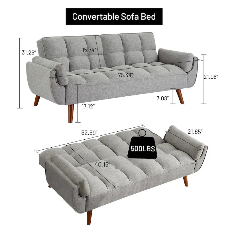 75.39 Sofa Bed, Convertible Sleeper Couch with Pillows, Foldable Loveseat Furniture for Living Room
