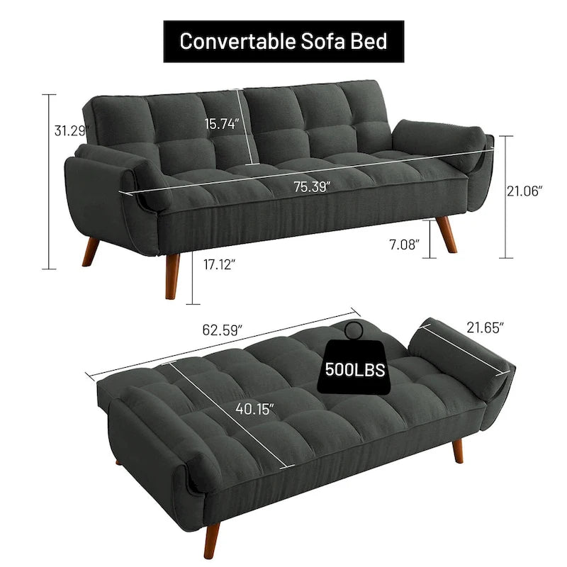 75.39 Sofa Bed, Convertible Sleeper Couch with Pillows, Foldable Loveseat Furniture for Living Room