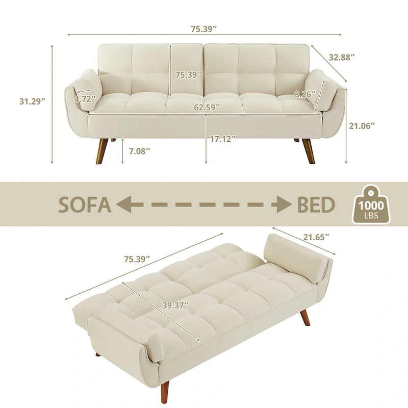 75.39 Sofa Bed, Convertible Sleeper Couch with Pillows, Foldable Loveseat Furniture for Living Room