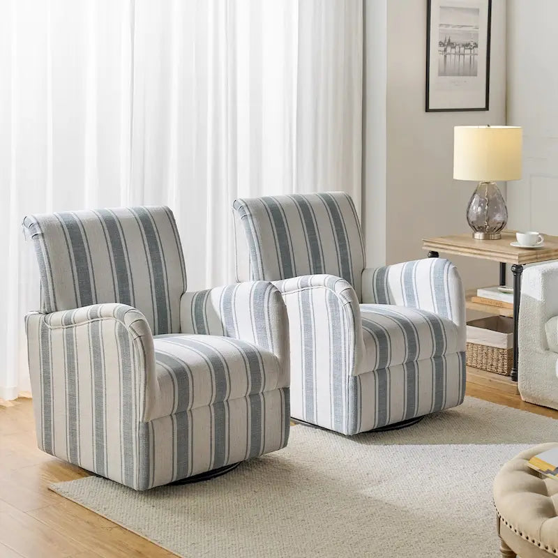 Traditional swivel armchairs, Jacobin stripe pattern, two chairs per set.
