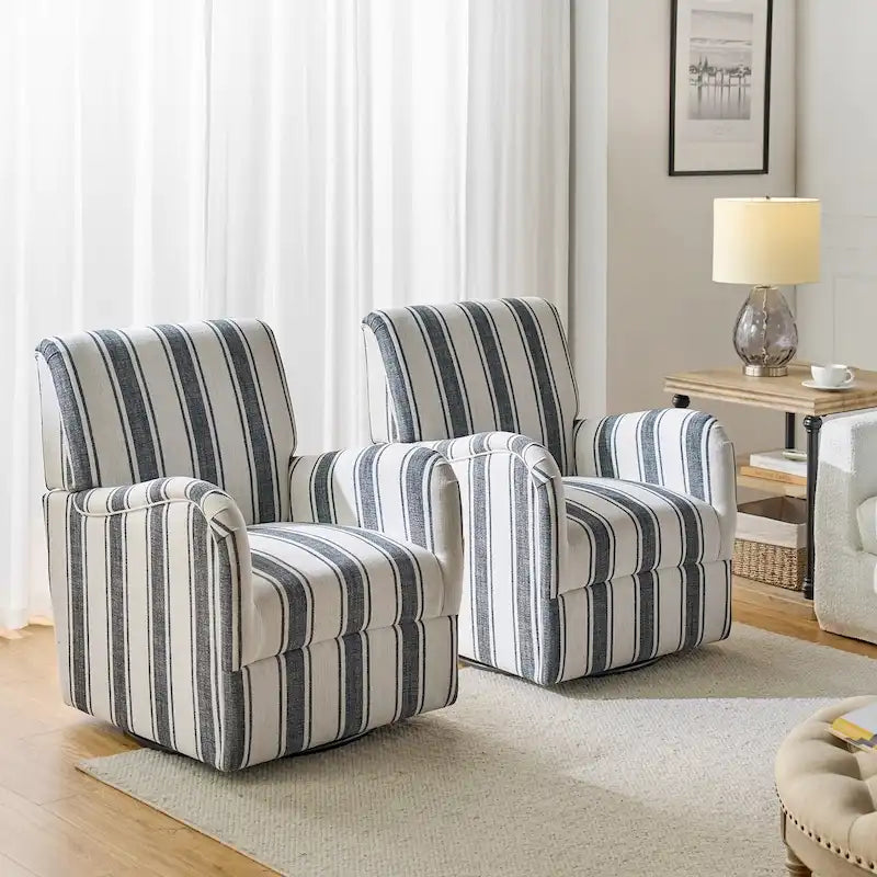 Traditional swivel armchairs, Jacobin stripe pattern, two chairs per set.