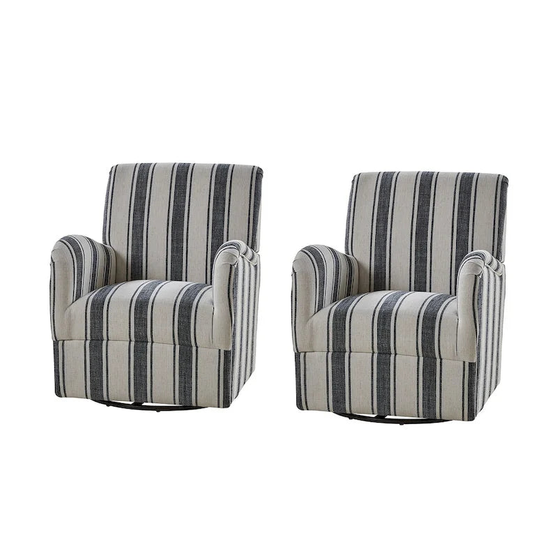 Traditional swivel armchairs, Jacobin stripe pattern, two chairs per set.