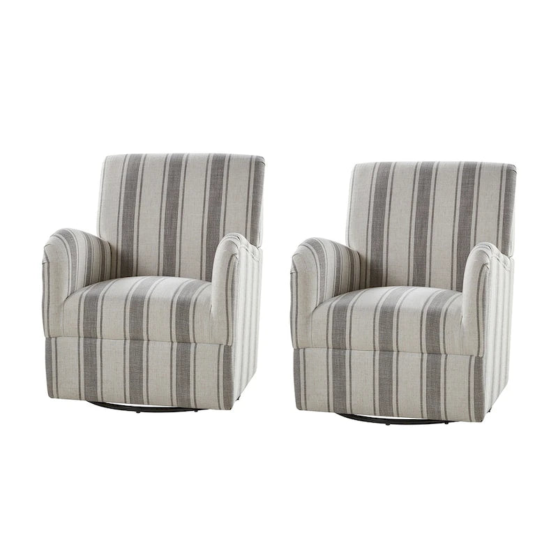 Traditional swivel armchairs, Jacobin stripe pattern, two chairs per set.