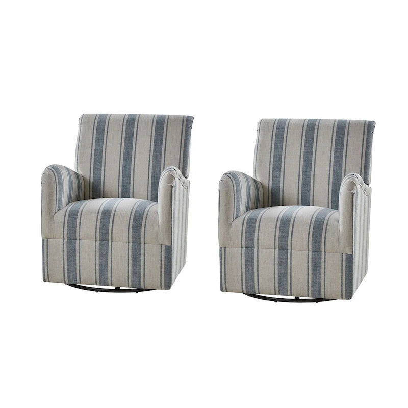 Traditional swivel armchairs, Jacobin stripe pattern, two chairs per set.