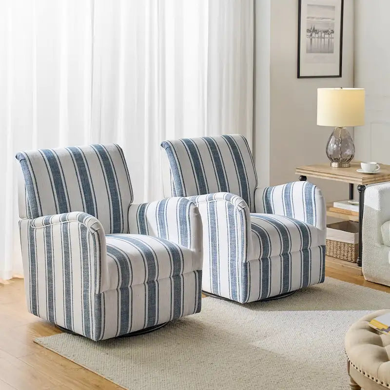 Traditional swivel armchairs, Jacobin stripe pattern, two chairs per set.