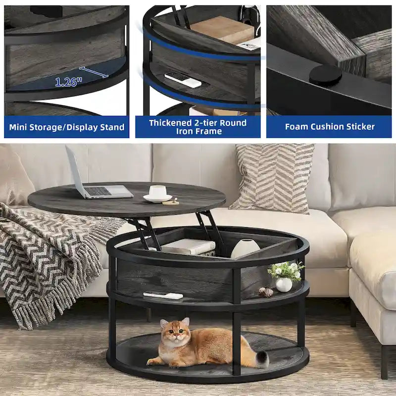 Round Lift Top Coffee Table with Hidden Storage