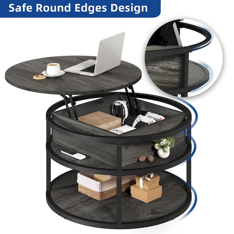 Round Lift Top Coffee Table with Hidden Storage