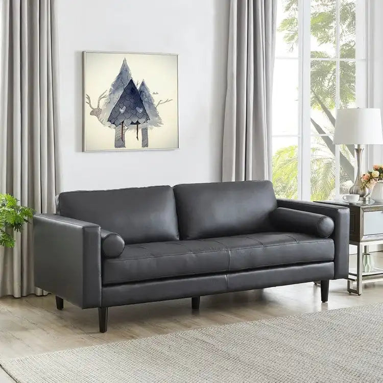 Modern Genuine Leather Sofa with Wooden Legs & Additional Bolster Pillow