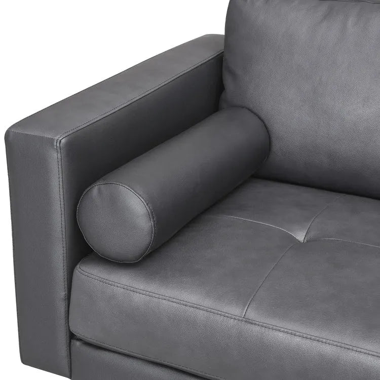 Modern Genuine Leather Sofa with Wooden Legs & Additional Bolster Pillow