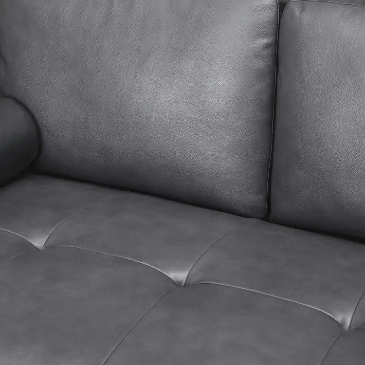 Modern Genuine Leather Sofa with Wooden Legs & Additional Bolster Pillow