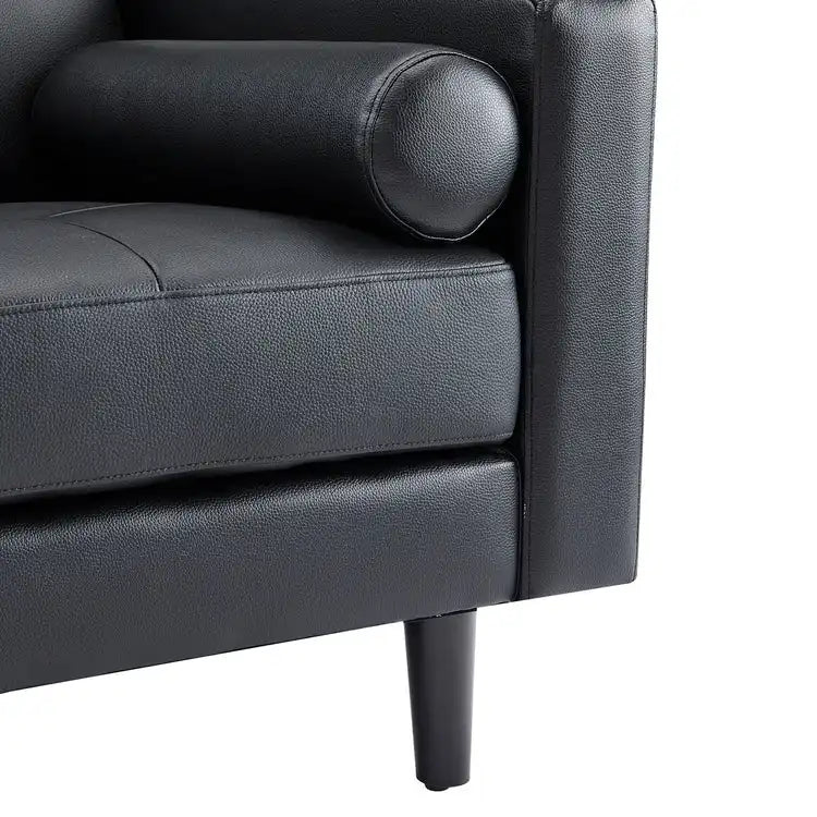 Modern Genuine Leather Sofa with Wooden Legs & Additional Bolster Pillow