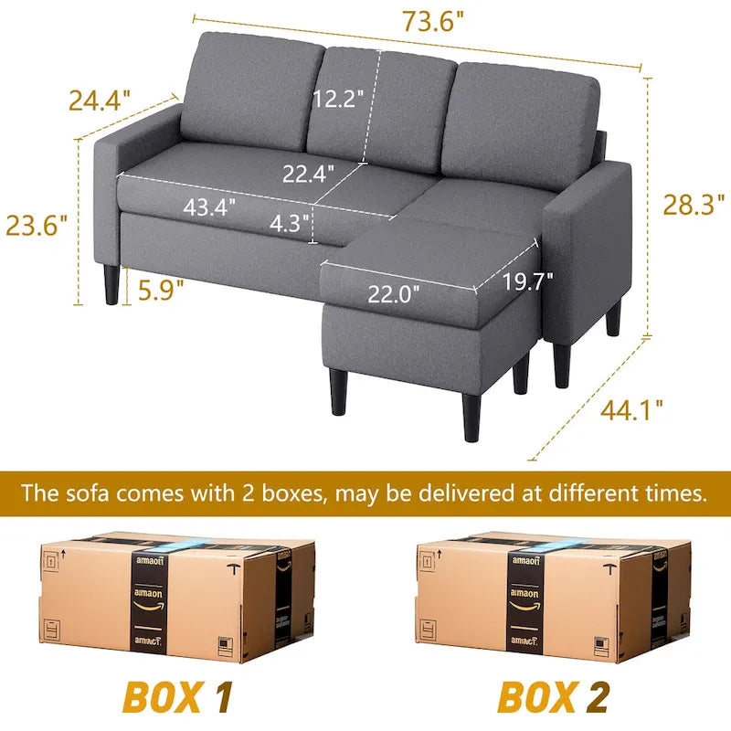 74 Convertible Sectional Sofa Couch, Small L-Shaped Sofa