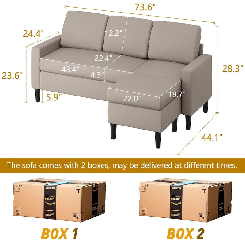 74 Convertible Sectional Sofa Couch, Small L-Shaped Sofa