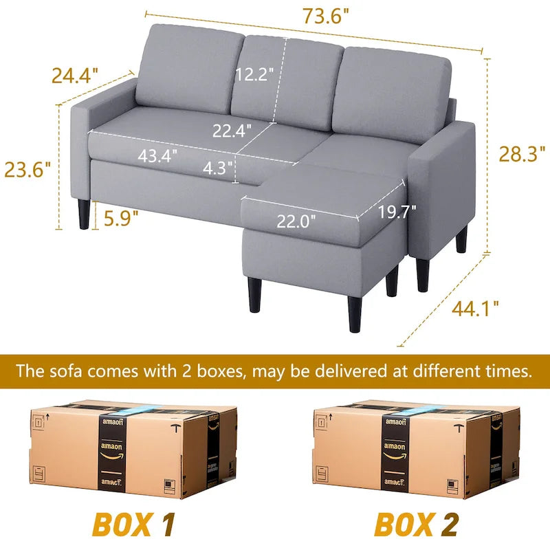 74 Convertible Sectional Sofa Couch, Small L-Shaped Sofa