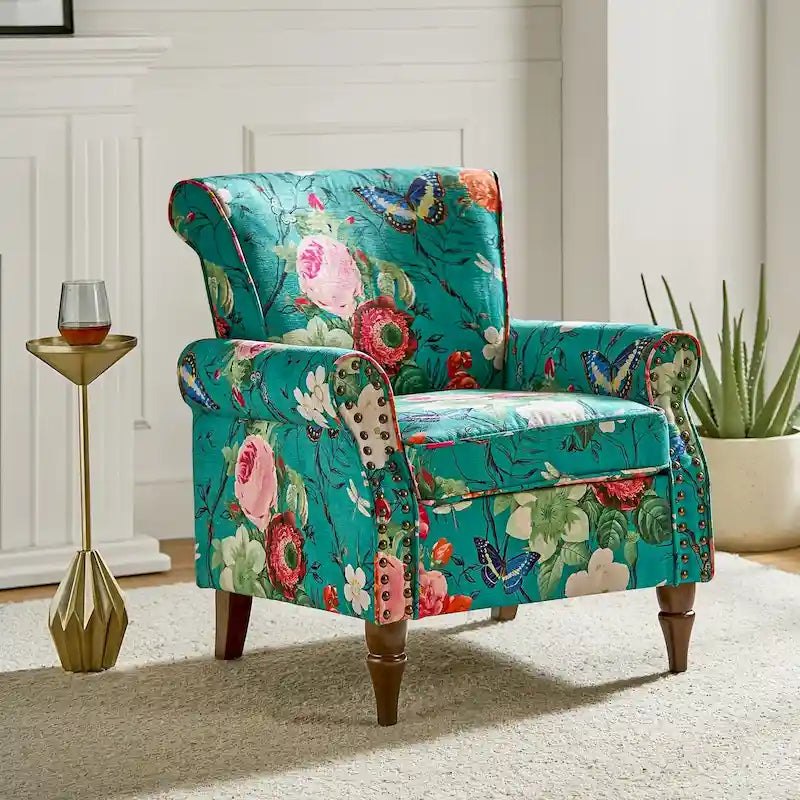 Floral Wingback Accent Chair with Rolled Arms - Single Seater