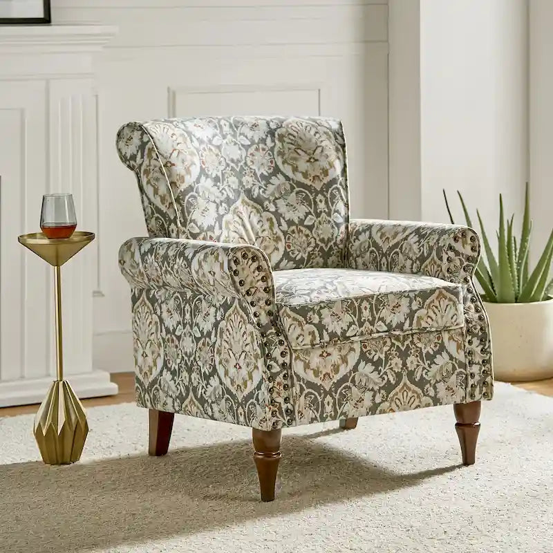 Floral Wingback Accent Chair with Rolled Arms - Single Seater