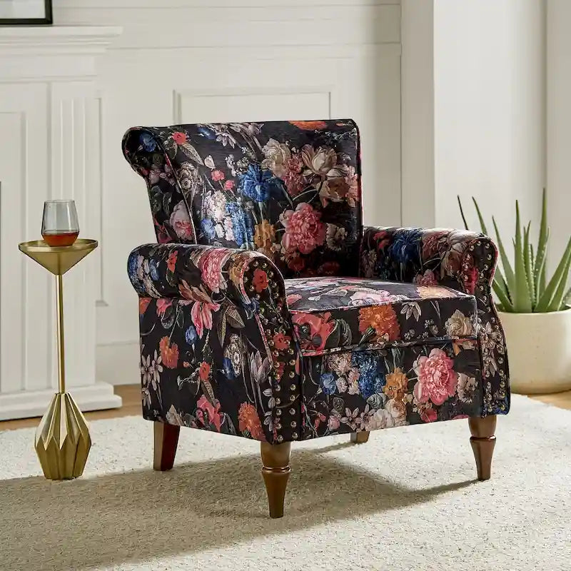 Floral Wingback Accent Chair with Rolled Arms - Single Seater