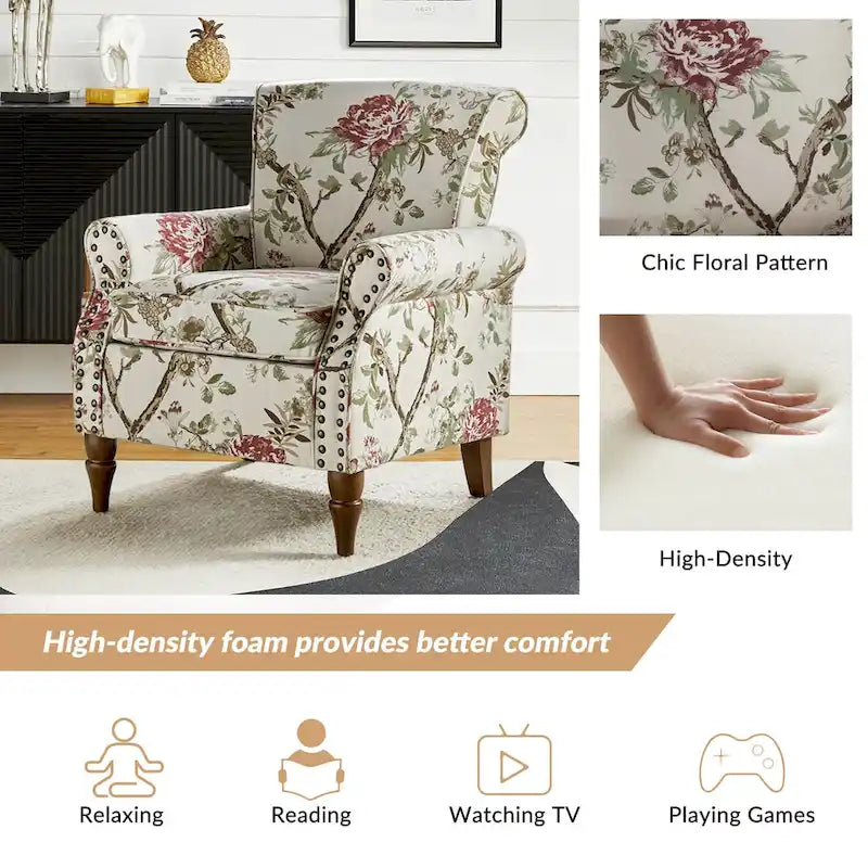 Floral Wingback Accent Chair with Rolled Arms - Single Seater