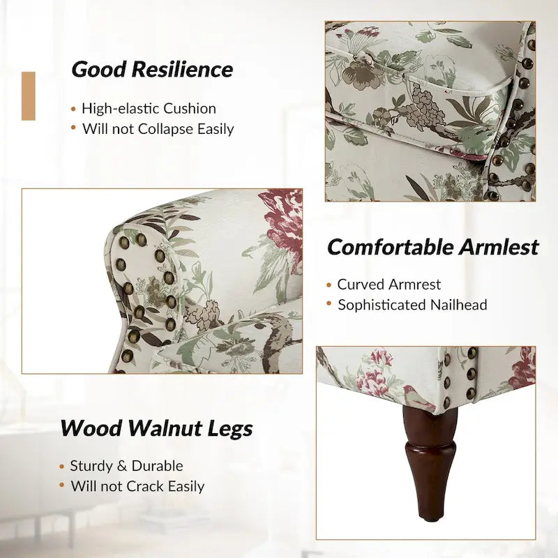 Floral Wingback Accent Chair with Rolled Arms - Single Seater