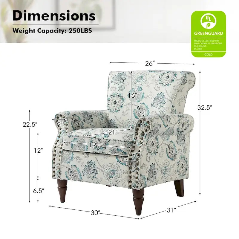 Floral Wingback Accent Chair with Rolled Arms - Single Seater