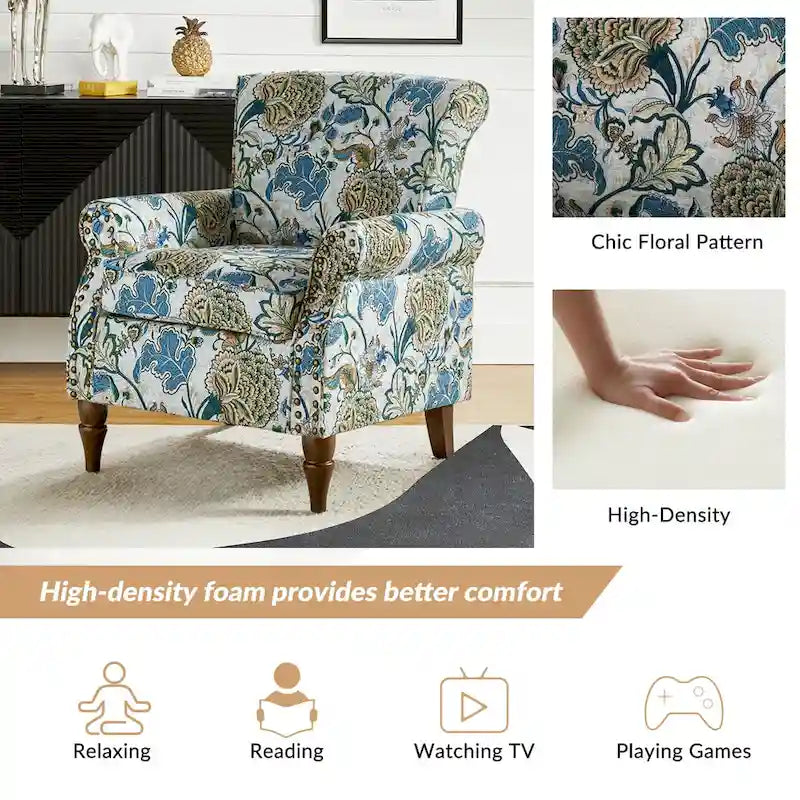 Floral Wingback Accent Chair with Rolled Arms - Single Seater