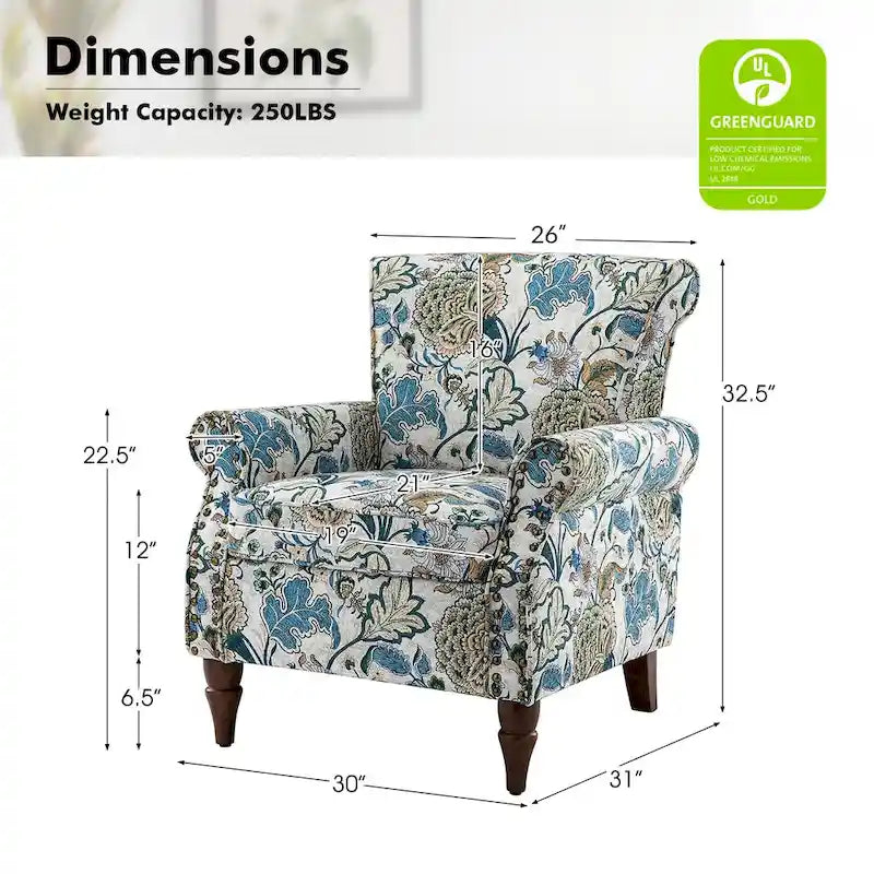 Floral Wingback Accent Chair with Rolled Arms - Single Seater