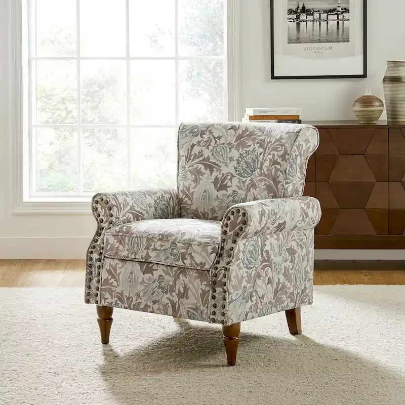 Floral Wingback Accent Chair with Rolled Arms - Single Seater