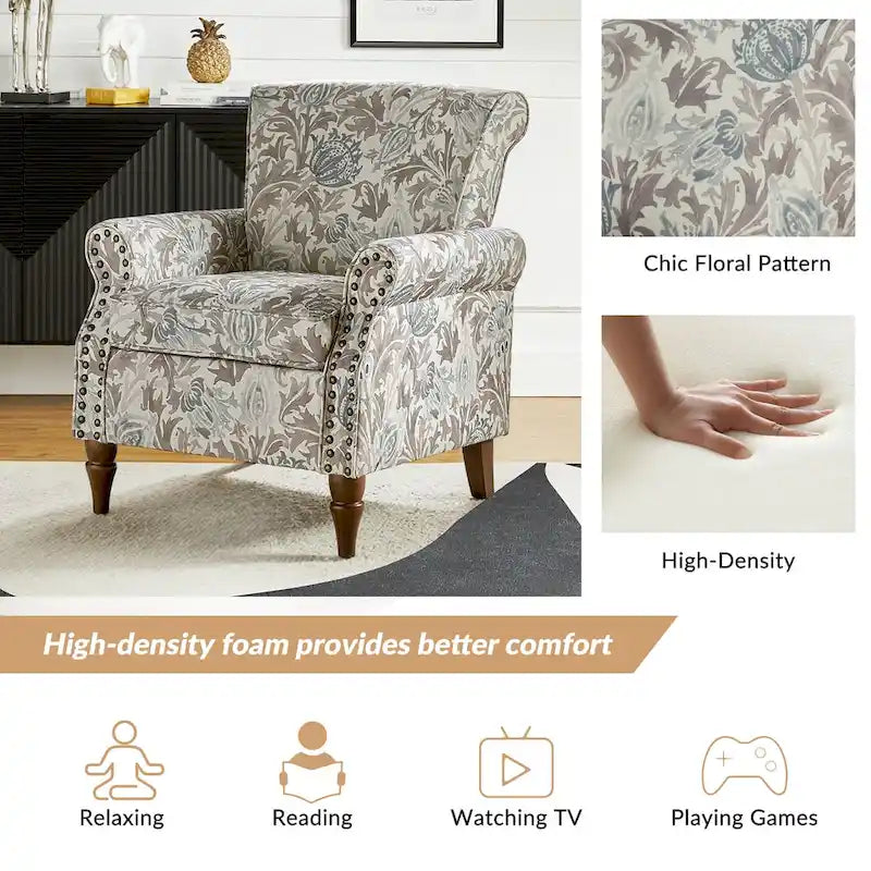 Floral Wingback Accent Chair with Rolled Arms - Single Seater